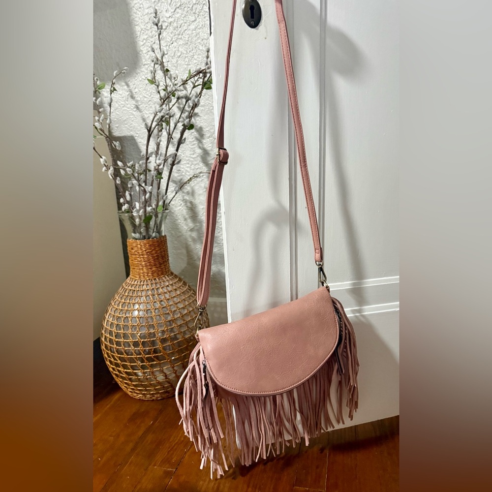 Chic Pink Fringe Crossbody Bag